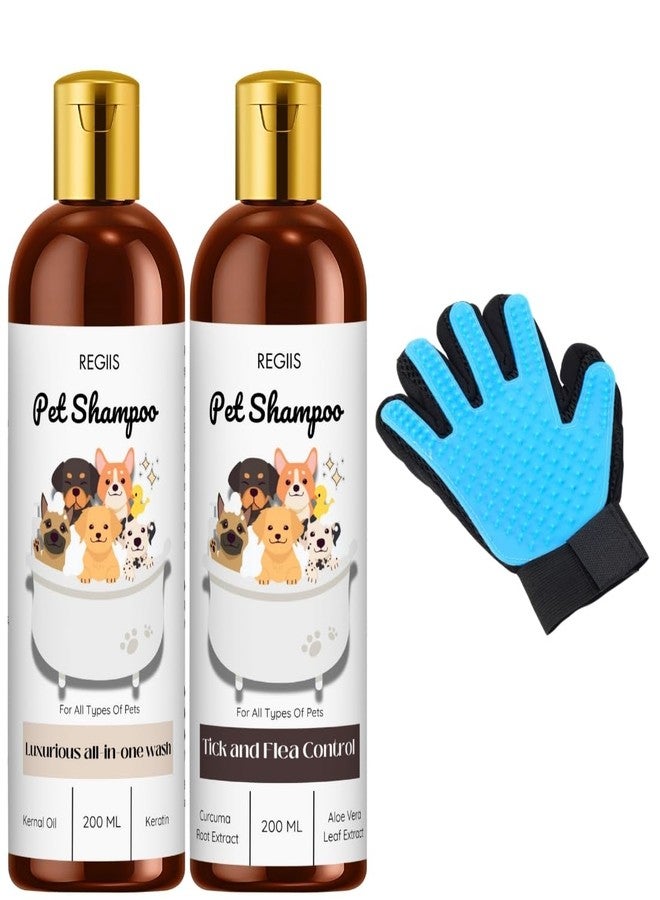 مجموعة شامبو ريجيس للحيوانات الأليفة مع قفاز للعناية، تركيبة فاخرة شاملة للغسيل ومكافحة القراد، زجاجات سعة 200 مل، فرشاة زرقاء لإزالة الشعر الزائد (عبوة من 3 قطع) - Image 1